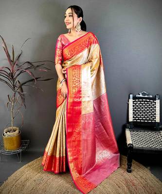 Women's beige & red soft silk banarasi saree with unstitched blouse 1