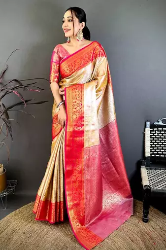 women's beige & red soft silk blend saree with unstitched blouse