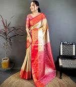 Women's beige & red soft silk banarasi saree with unstitched blouse