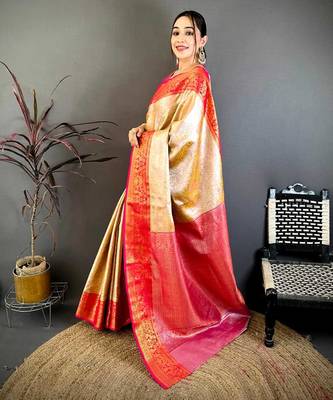 Women's beige & red soft silk banarasi saree with unstitched blouse 2