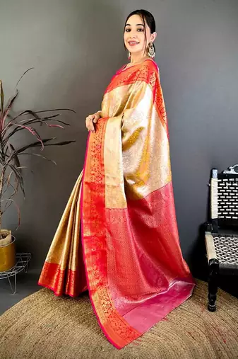 women's beige & red soft silk blend saree with unstitched blouse