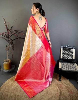 Women's beige & red soft silk banarasi saree with unstitched blouse 3