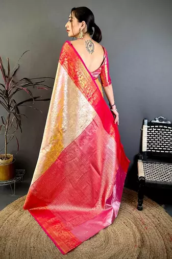 women's beige & red soft silk blend saree with unstitched blouse