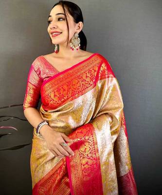 Women's beige & red soft silk banarasi saree with unstitched blouse 4