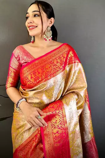 women's beige & red soft silk blend saree with unstitched blouse
