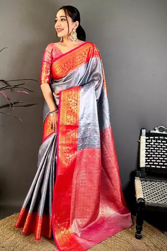 women's silver & red soft silk blend saree with unstitched blouse