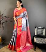 Women's silver & red soft silk banarasi saree with unstitched blouse
