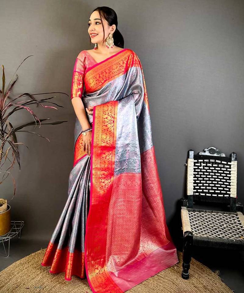 Women's silver & red soft silk banarasi saree with unstitched blouse