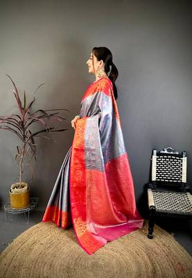 Women's silver & red soft silk banarasi saree with unstitched blouse 2