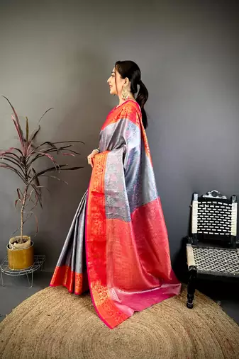women's silver & red soft silk blend saree with unstitched blouse