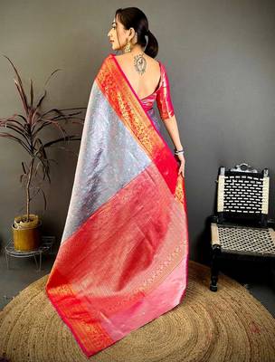 Women's silver & red soft silk banarasi saree with unstitched blouse 3