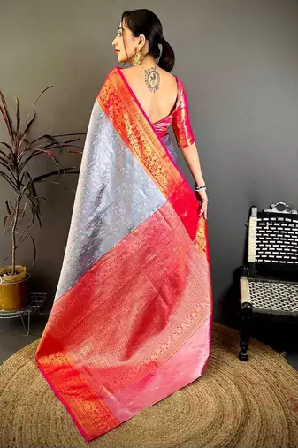 women's silver & red soft silk blend saree with unstitched blouse