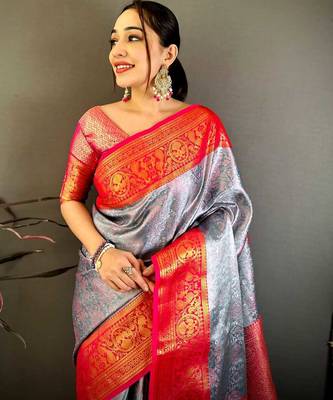 Women's silver & red soft silk banarasi saree with unstitched blouse 4