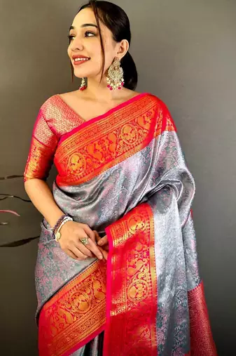 women's silver & red soft silk blend saree with unstitched blouse