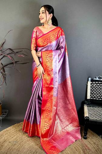women's purple & red soft silk blend saree with unstitched blouse