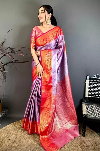 women's purple & red soft silk blend saree with unstitched blouse