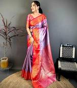 Women's purple & red soft silk banarasi saree with unstitched blouse