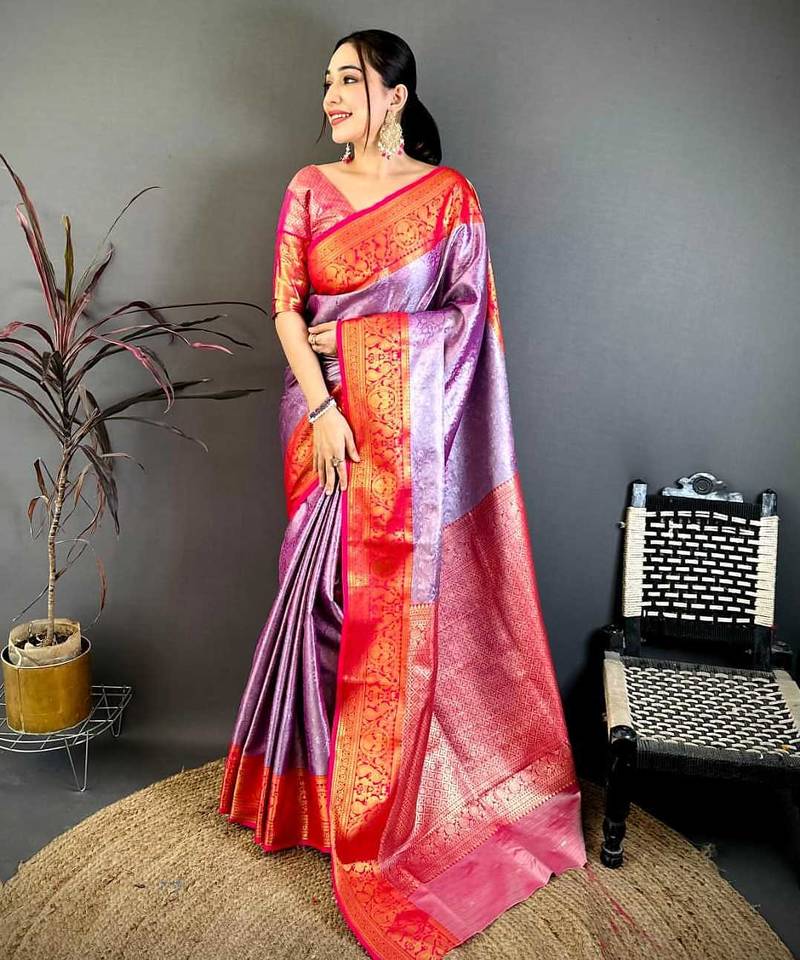 Women's purple & red soft silk banarasi saree with unstitched blouse