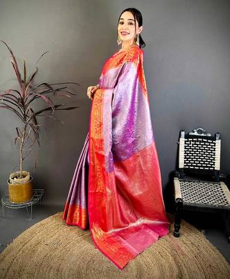 Women's purple & red soft silk banarasi saree with unstitched blouse 2
