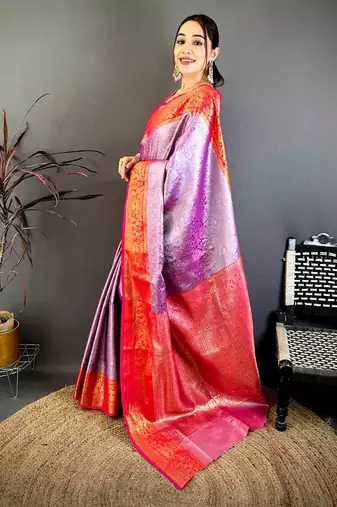 women's purple & red soft silk blend saree with unstitched blouse