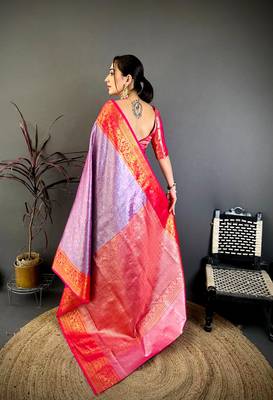 Women's purple & red soft silk banarasi saree with unstitched blouse 3