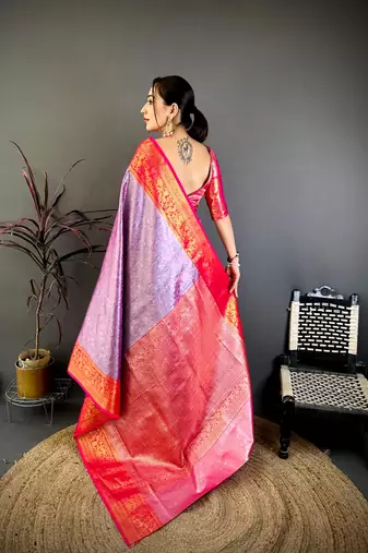 women's purple & red soft silk blend saree with unstitched blouse