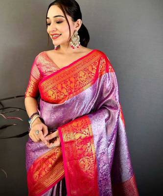 Women's purple & red soft silk banarasi saree with unstitched blouse 4