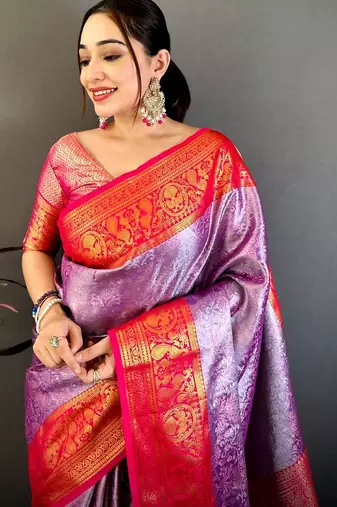 women's purple & red soft silk blend saree with unstitched blouse