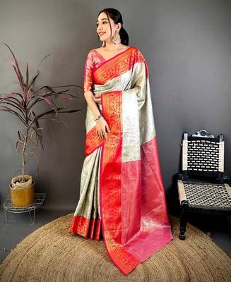 Women's cream & red soft silk banarasi saree with unstitched blouse 1