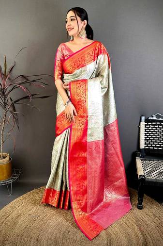 women's cream & red soft silk blend saree with unstitched blouse