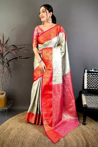 women's cream & red soft silk blend saree with unstitched blouse