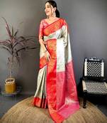 Women's cream & red soft silk banarasi saree with unstitched blouse