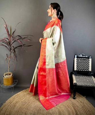 Women's cream & red soft silk banarasi saree with unstitched blouse 2