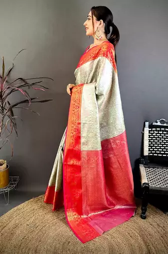 women's cream & red soft silk blend saree with unstitched blouse