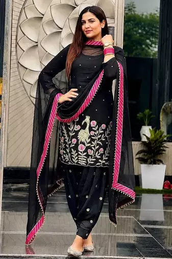 black color embroidery and sequin work faux georgette kurti dhoti set