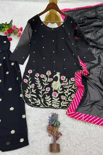 black color embroidery and sequin work faux georgette kurti dhoti set