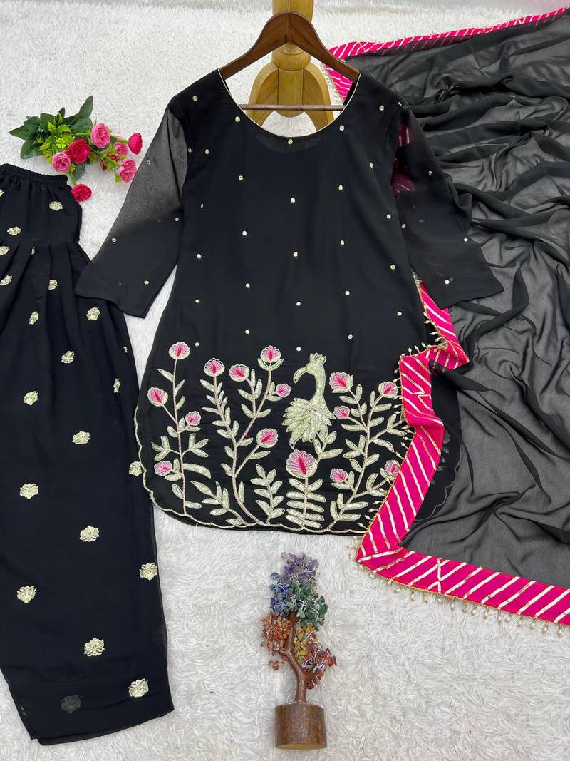 black color embroidery and sequin work faux georgette kurti dhoti set