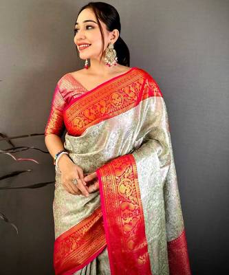 Women's cream & red soft silk banarasi saree with unstitched blouse 3