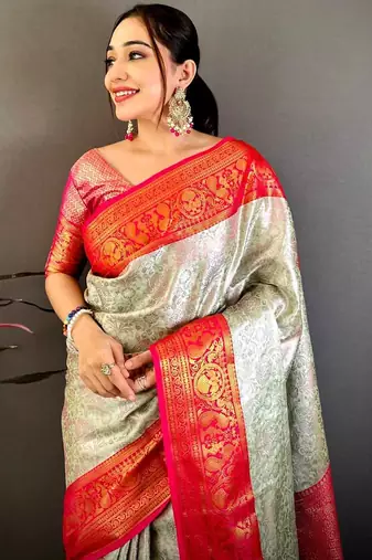 women's cream & red soft silk blend saree with unstitched blouse