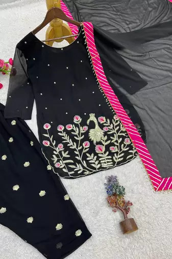 black color embroidery and sequin work faux georgette kurti dhoti set
