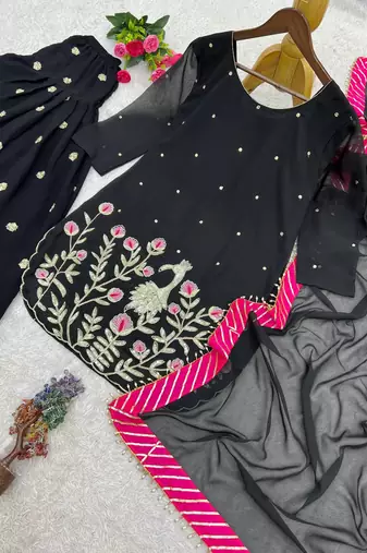 black color embroidery and sequin work faux georgette kurti dhoti set