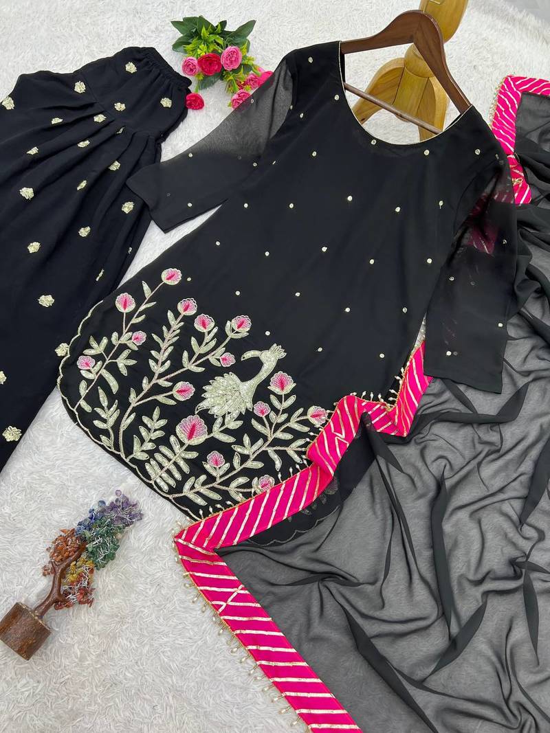 black color embroidery and sequin work faux georgette kurti dhoti set