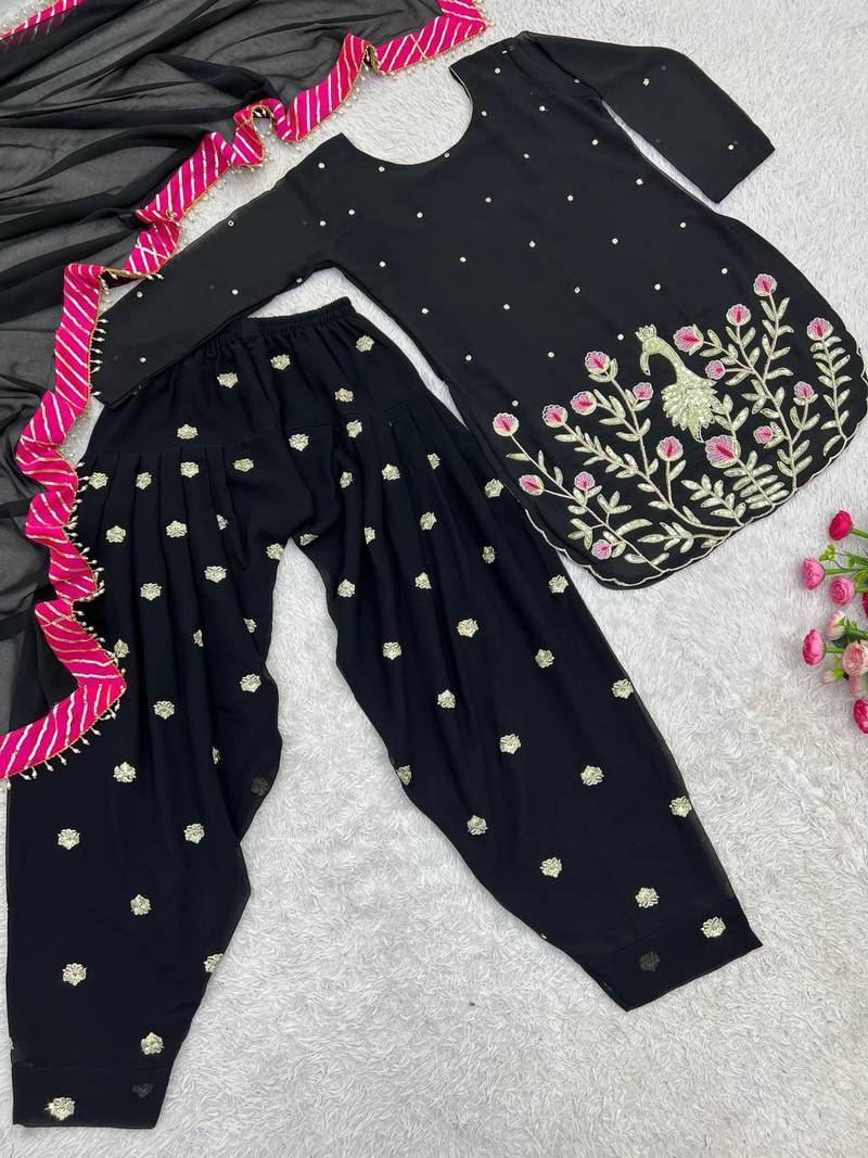 black color embroidery and sequin work faux georgette kurti dhoti set