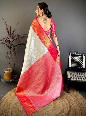 Women's cream & red soft silk banarasi saree with unstitched blouse 4
