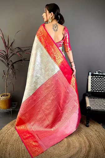 women's cream & red soft silk blend saree with unstitched blouse