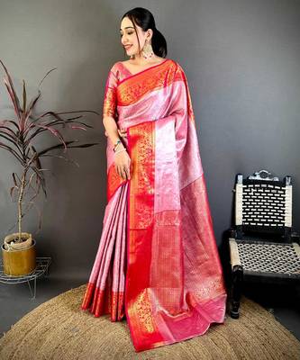 Women's pink & red soft silk banarasi saree with unstitched blouse 1