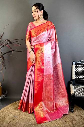women's pink & red soft silk blend saree with unstitched blouse