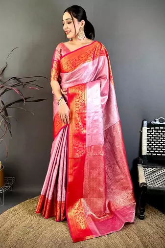 women's pink & red soft silk blend saree with unstitched blouse