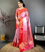 Women's pink & red soft silk banarasi saree with unstitched blouse