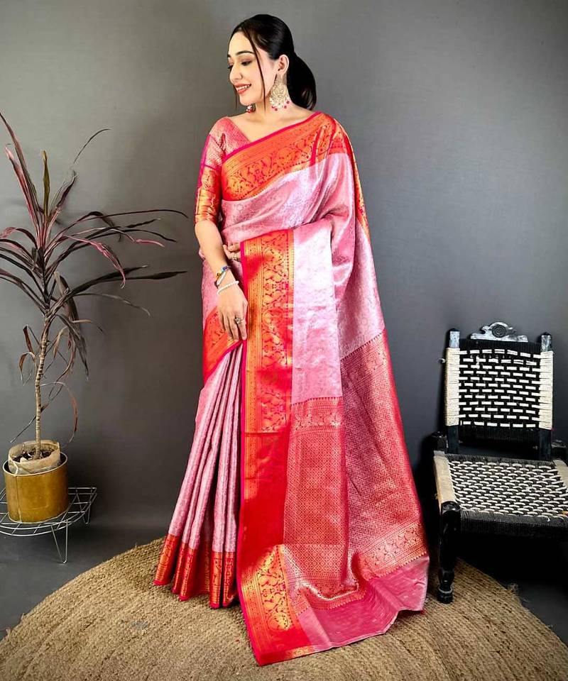 Women's pink & red soft silk banarasi saree with unstitched blouse